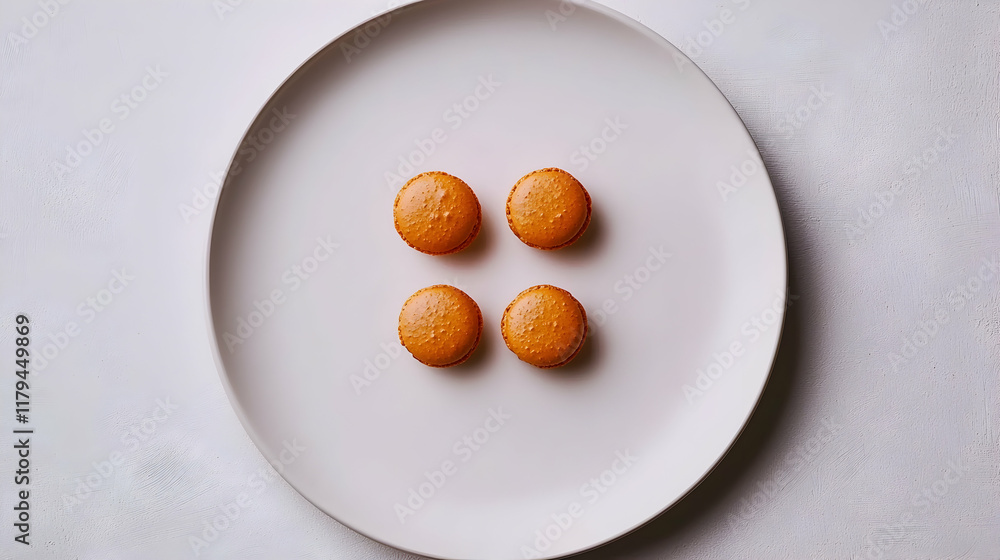 Four orange macarons on white plate, minimalist background, food photography, recipe or menu use. Four orange macarons on white plate, minimalist background, food photography, recipe or menu use.