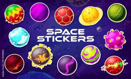 Fantasy alien space planets stickers pack. Fantastic galaxy worlds stickers. Science fiction colorful green, purple and red space alien planets with lava, craters, clouds and ice isolated vector icons
