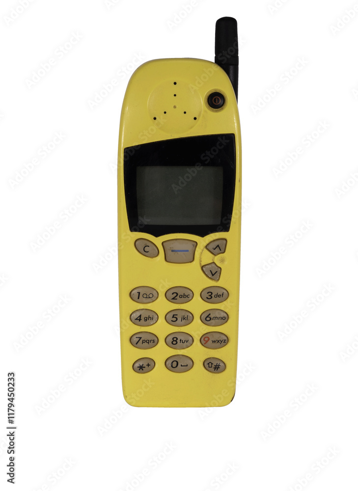 Retro mobile phone with a classic button design on a transparent background. The high resolution and transparent background make it perfect for use in advertising, illustrations, and design projects.