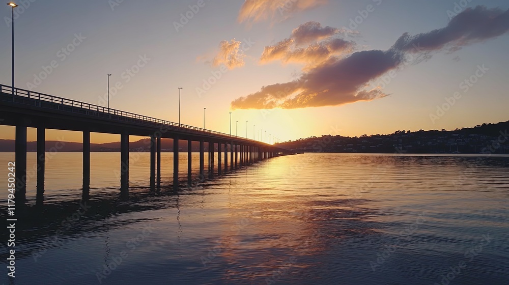 Serene Sunset Bridge: A Calm Coastal Vista at Golden Hour Serene Sunset Bridge: A Calm Coastal Vista at Golden Hour