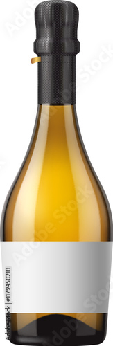 Realistic champagne alcohol glass bottle featuring blank label for branding presentations, marketing campaigns and product showcase. Isolated 3d vector flask mockup highlighting luxury and celebration