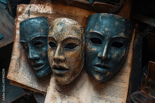 Three ancient masks resting on antique manuscript in dimly lit setting photo