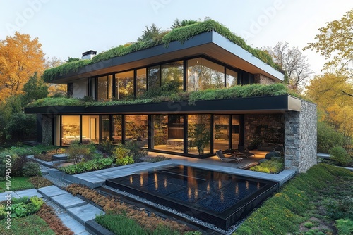 contemporary ecofriendly house featuring extensive green roof gardens solar panels and sustainable materials with minimalist architectural design photo