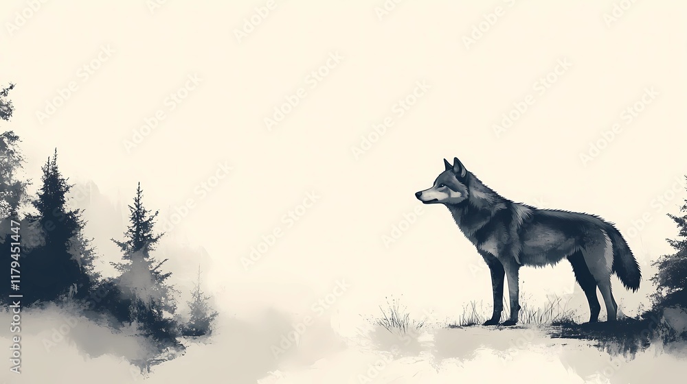 Fototapeta premium Lone wolf in the wilderness, amidst tall trees and quiet surroundings, creating a tranquil nature-inspired background, style book illustration