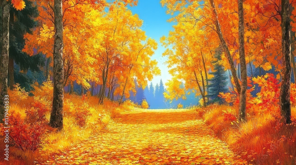 Fototapeta premium forest path covered in a carpet of golden and amber leaves, with trees on either side