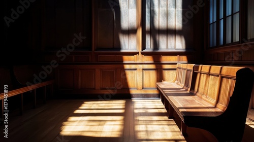 Wallpaper Mural Sunlit Wooden Room Interior Bench, Walls, Light, Shadows, and Floor Torontodigital.ca
