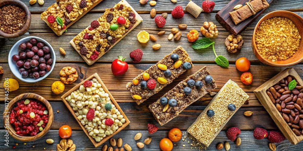 Fototapeta premium Delicious Homemade Granola & Muesli Bars with Various Toppings - Drone Aerial View