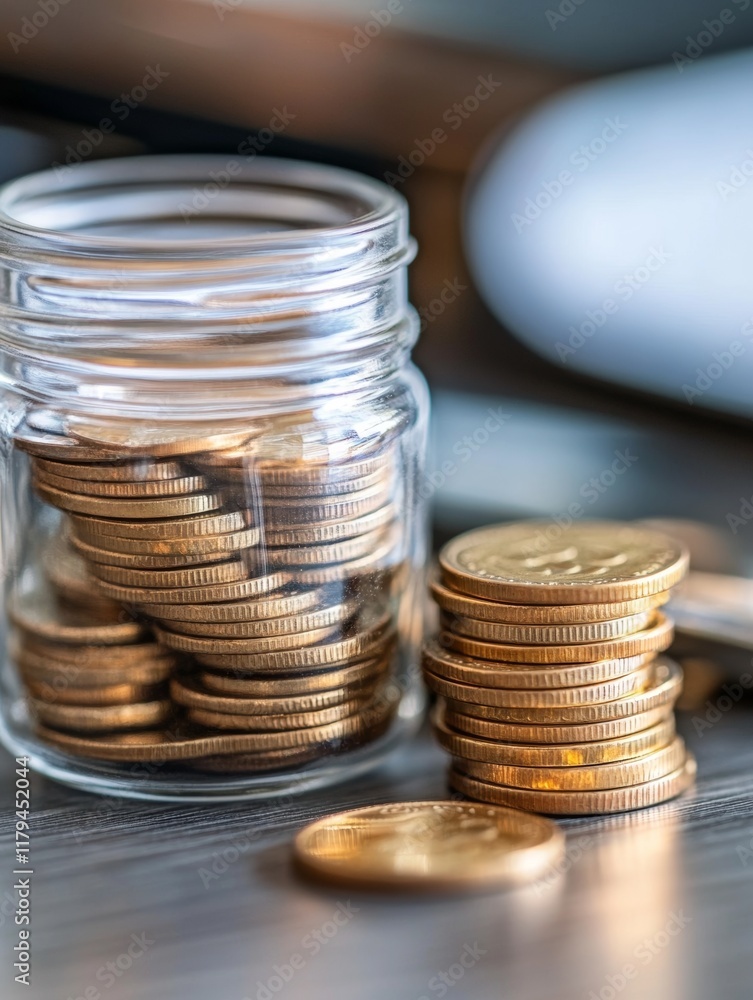 A jar of coins showcasing savings and wealth. A jar of coins showcasing savings and wealth.