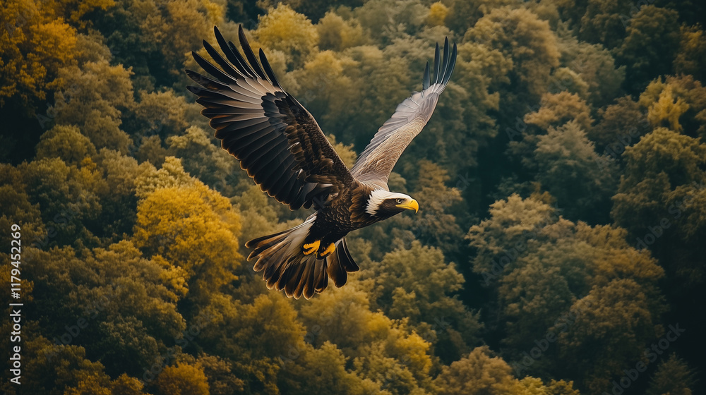 Fototapeta premium Majestic Eagles in Flight Over Forested Landscapes and Misty Mountain Views