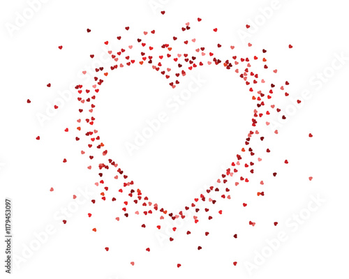 Heart shaped frame, wreath of little red pink hearts confetti isolated on background. Falling tinsel. Festive party decoration. Happy Valentines day, birthday, wedding celebration. Vector illustration