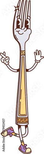 Retro groovy fork cartoon character for kitchenware or utensil, vector funny face. Funky groovy fork with happy smile and crossed fingers gesture for kitchen cutlery and kitchenware utensil character