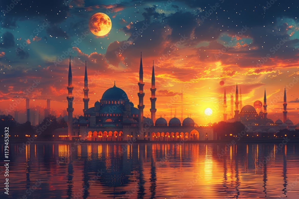 Fototapeta premium Majestic Mosque Sunset Celestial Landscape