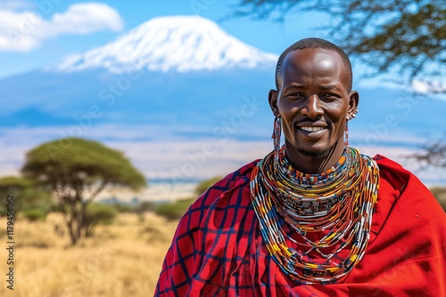 Portrait of a Smiling Maasai Man in Traditional Attire with Mount Kilimanjaro in the Background