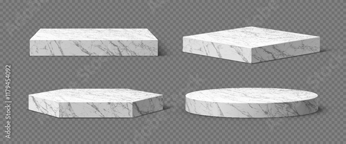 3d marble podium stages, product display platforms, pedestals or stands. Vector realistic gray marble podium mockups with square, circle and hexagon geometric shape bases at transparent background