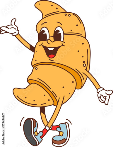 Cartoon groovy fast food croissant character. Takeaway dessert food funny character, restaurant sweet meal or cafe pastry happy groovy isolated vector personage. Fresh croissant cheerful mascot