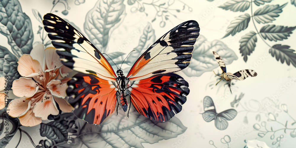 Large Butterfly on Floral Print Background Large Butterfly on Floral Print Background