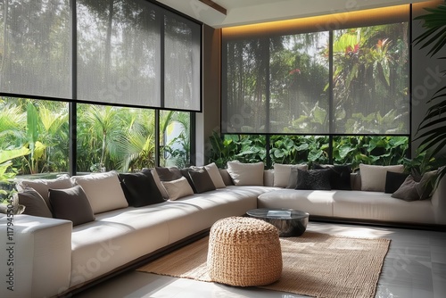 contemporary living room interior with automated solar blinds minimalist furniture and tropical plants creating luxurious atmosphere