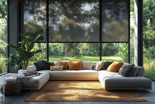 contemporary living room interior with automated solar blinds minimalist furniture and tropical plants creating luxurious atmosphere