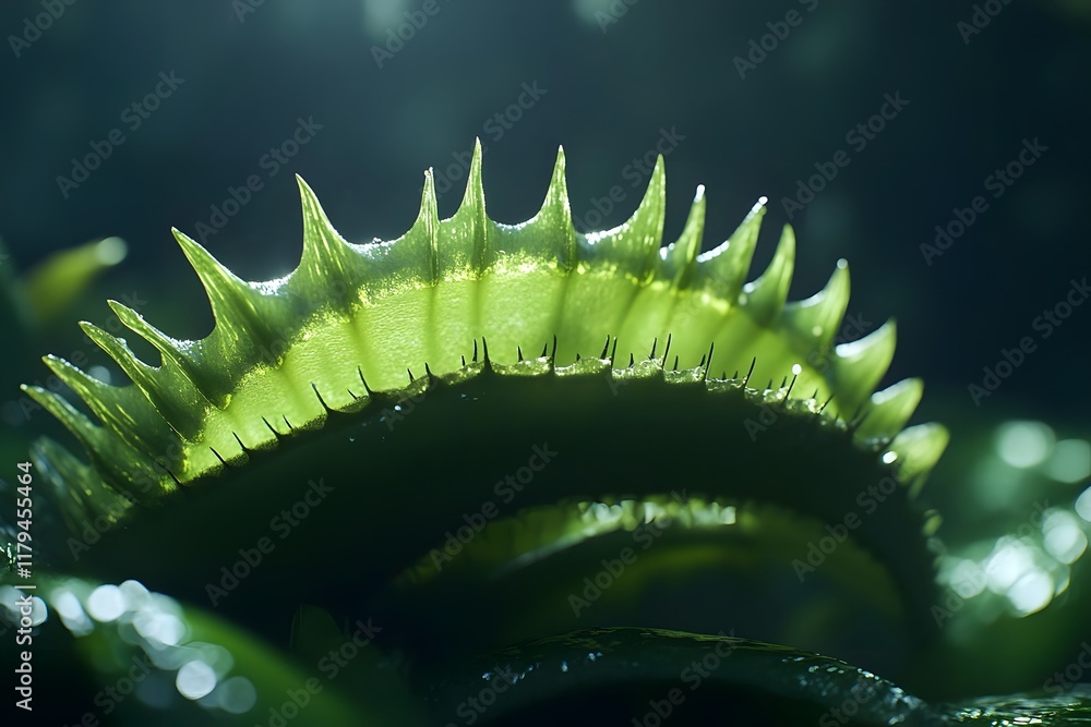 Naklejka premium A close-up of a spiky green plant illuminated with soft lighting.