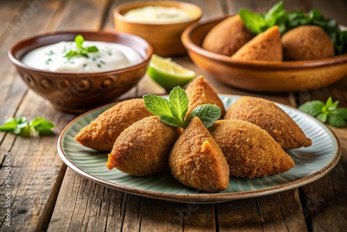 Delicious Kibbeh with Creamy Yogurt Dip - Middle Eastern Cuisine Stock Photo photo