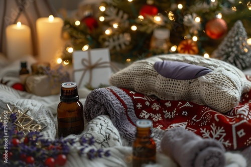 A Christmas spa treatment setup with a lavender eye pillow, festive essential oils, and a warm blanket.