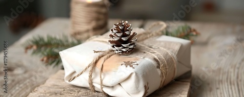 A charming gift wrapped in an upcycled fabric, secured with natural twine, and a small pinecone for decoration.