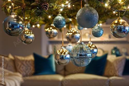 A cozy living room with an upside-down Christmas tree adorned with silver and blue ornaments, reflecting a modern twist on holiday traditions.