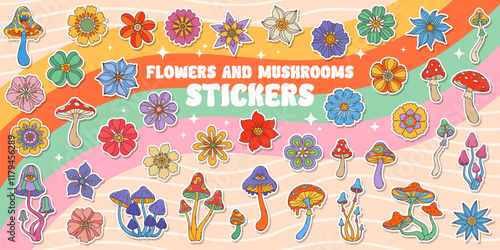 Stickers pack of groovy flowers and mushrooms. Vintage hippie abstract flowers, psychedelic mushrooms cartoon vector adhesive stickers. Groovy magic plants, colorful fungus and chamomile flowers