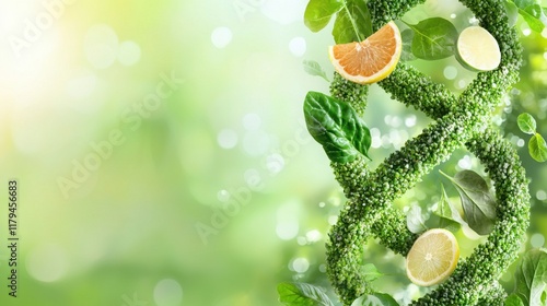 Organic greens and fruits forming dna structure nature graphic design vibrant environment close-up health and wellness concept