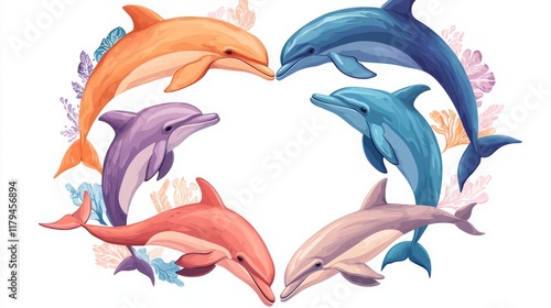 Valentine animal companion heartwarming symbolic friendly. A colorful illustration of six dolphins arranged in a heart shape, symbolizing love and harmony in marine life. photo