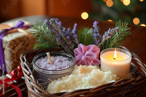 A beautifully arranged holiday spa gift basket featuring lavender body scrub, vanilla body butter, and a festive candle.