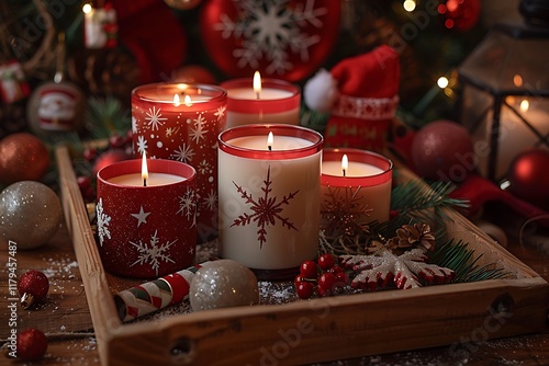 A display of retro Christmas candles, with classic holiday scents, set on a vintage wooden tray amidst nostalgic holiday decorations,