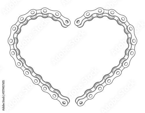 Vector black image of a bicycle chain in the shape of a heart composed of two parts. Isolated on white background