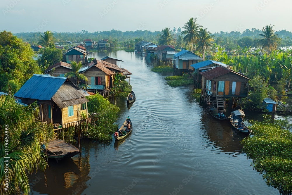 Obraz premium Fishermen navigating river through floating village in cambodia