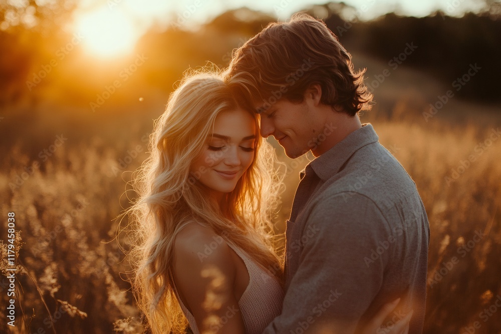 Romantic couple embracing in golden sunset field Romantic couple embracing in golden sunset field