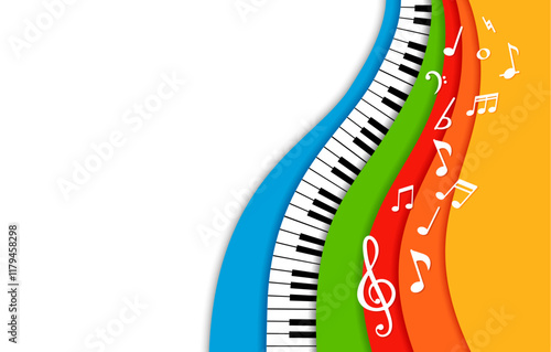Paper cut piano music background for concert invitation or classic musical festival performance promo, featuring vibrant 3d vector papercut layered waves, musical notes, treble clef and piano keys