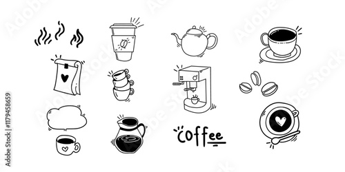 Coffee doddle for background,Hand drawn coffee scribbles,Morning beverage illustration set,Coffee design element pack.  