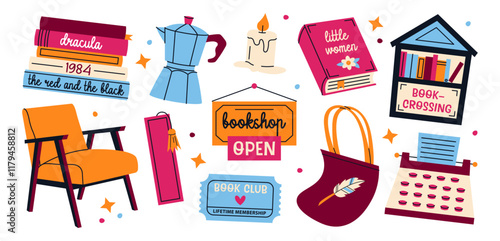 Set of bookshop elements. Cozy attributes of book store: chair, coffee, books, typewriter, candle and other. Vector library stickers isolated on a white background.