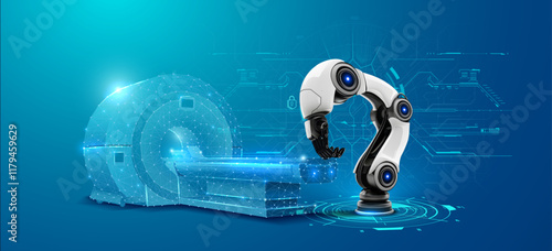 Futuristic medical scene: a polygonal MRI machine and robotic arm illustrate AI-powered healthcare innovation. Ideal for advanced diagnostics, automation, and high-tech solutions. Vector illustration