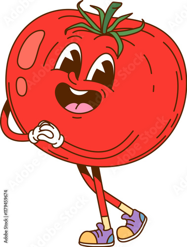 Cartoon ripe tomato vegetable groovy character. Agriculture whole vegetable vintage cute mascot, farming market fresh tomato funky isolated vector character or ripe veggie groovy happy personage