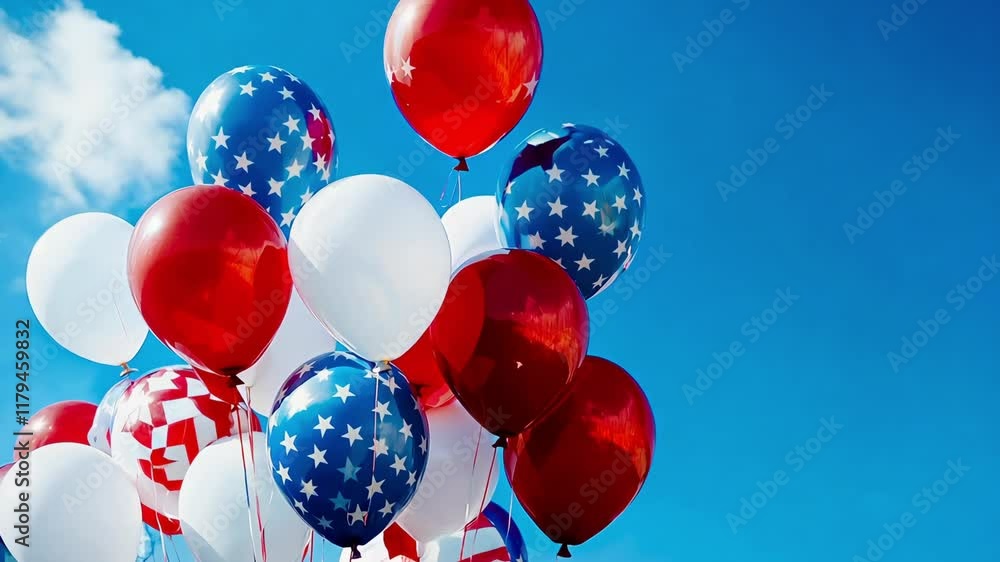 Balloons against the blue and clear sky in the colors of the flag of the United States of America. President's Day. USA Day. Independence Day of America. Patriotic memorial American composition red st