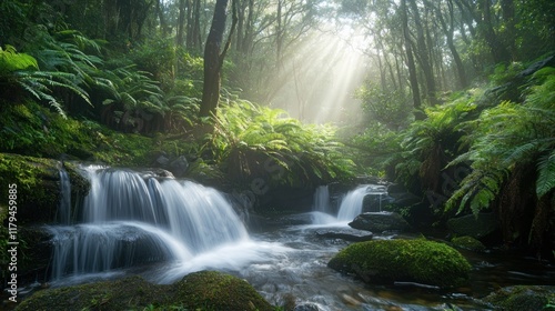 Enchanted Forest Stream: Sunbeams Dance on Mossy Waterfall