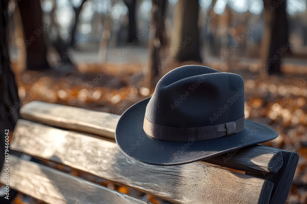 A stylish hat rests on a wooden bench surrounded by autumn leaves in a serene park setting. A stylish hat rests on a wooden bench surrounded by autumn leaves in a serene park setting.