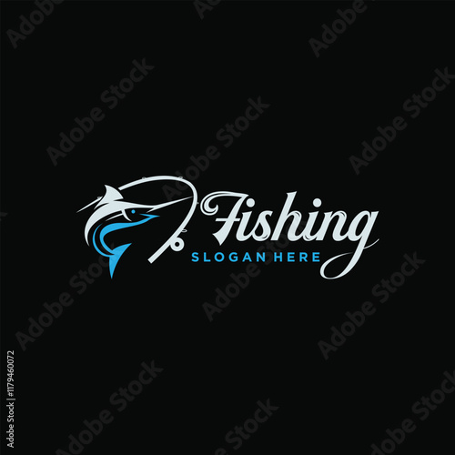 fishing logo design, Fishing Logo in the sea Fish Hunter Logo Design Template with Hook concept.