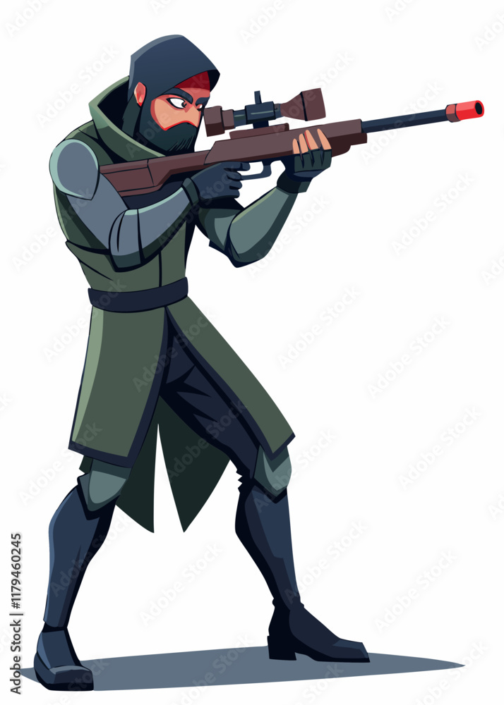 Stealthy man with sniper rifle in aiming position, vector illustration, isolated character for gaming Stealthy man with sniper rifle in aiming position, vector illustration, isolated character for gaming