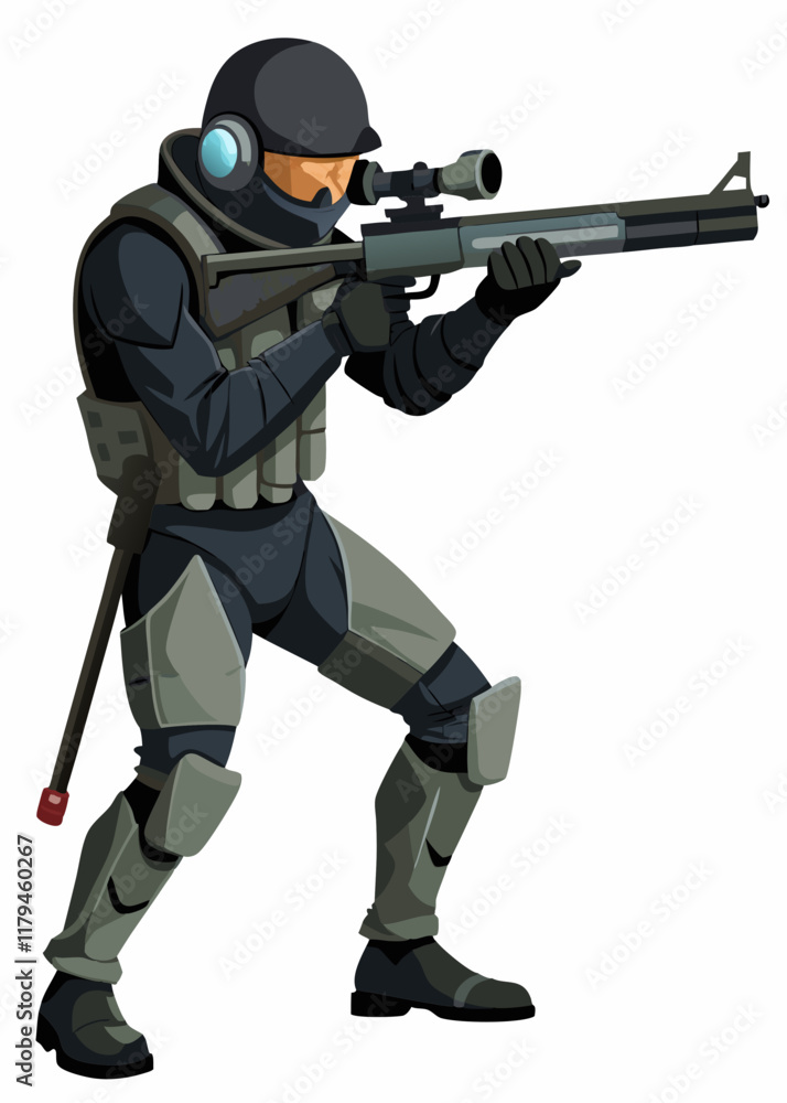 Stealthy man with sniper rifle in aiming position, vector illustration, isolated character for gaming Stealthy man with sniper rifle in aiming position, vector illustration, isolated character for gaming