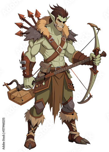 Male monster hunter gripping colossal crossbow, rugged torn clothing, isolated character, vector illustration for gaming character.
