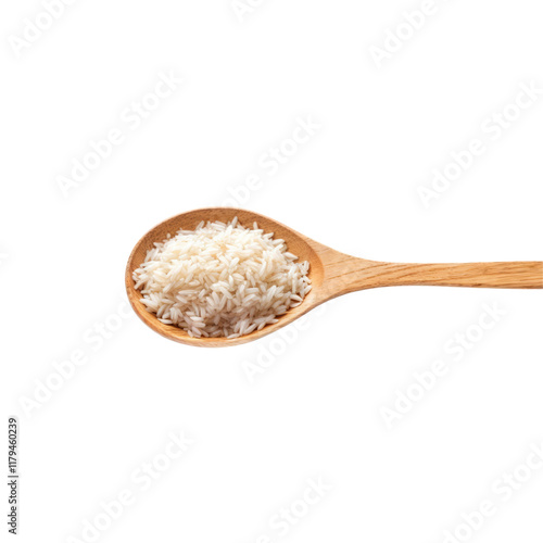 Rice Grains in Wooden Spoon: Close up of white rice grains in a wooden spoon, showcasing the texture and detail of this staple food.  