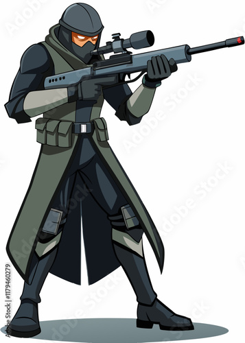 Stealthy man with sniper rifle in aiming position, vector illustration, isolated character for gaming