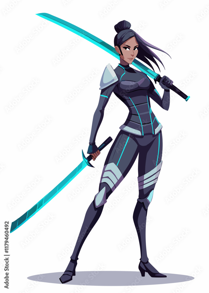 Strong and tall female warrior with katana, reflecting light, wearing tactical combat gear, vector illustration.
Strong and tall female warrior with katana, reflecting light, wearing tactical combat gear, vector illustration.